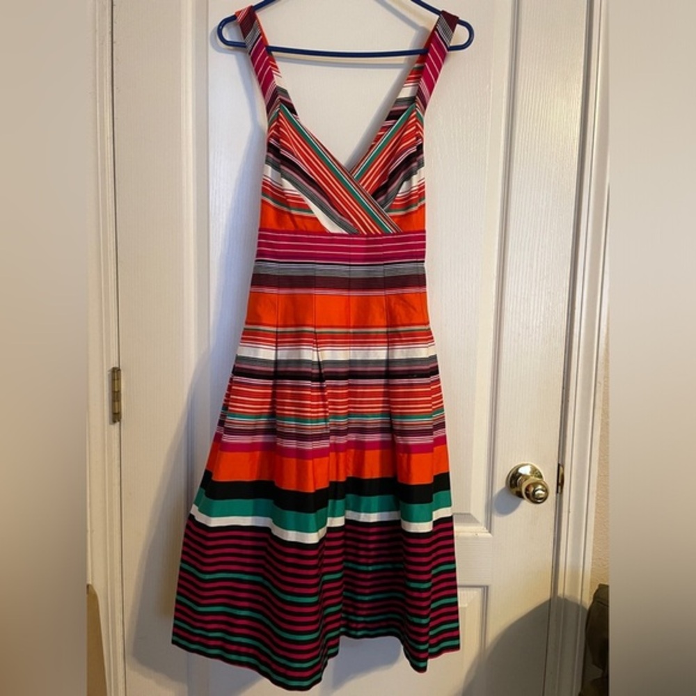 Calvin Klein‎ Striped Dress Womens 12 Multicolor Excellent Crossback Pleated